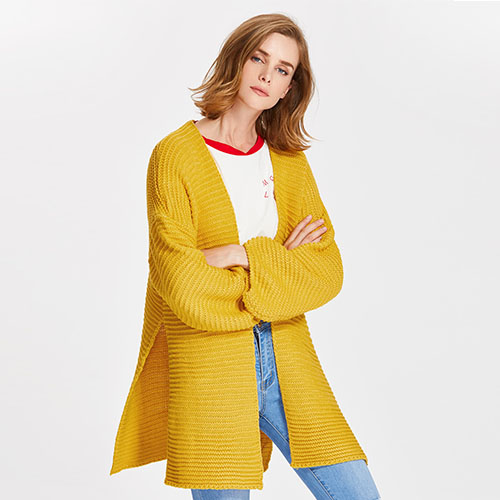 2018 Hot Drop Shoulder Lantern Sleeve Slit Textured Cardigan