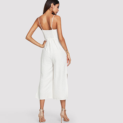 2018 Hot Button And Pocket Front Slit Wide Leg Jumpsuit