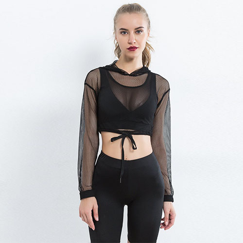 2018 See-Through Lace Up Crop Mesh Hoodie Without Bra