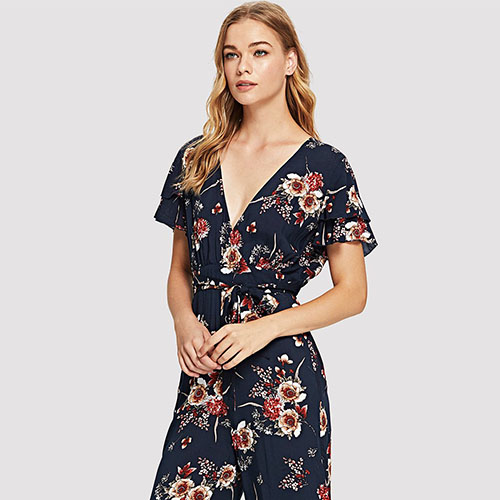 2018 Hot New Belted Waist V-Neck Floral Jumpsuit