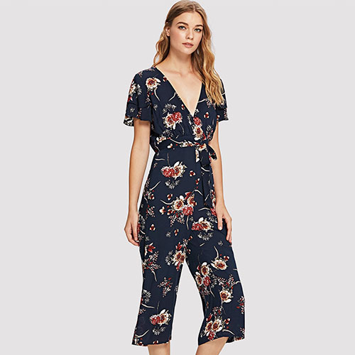 2018 Hot New Belted Waist V-Neck Floral Jumpsuit