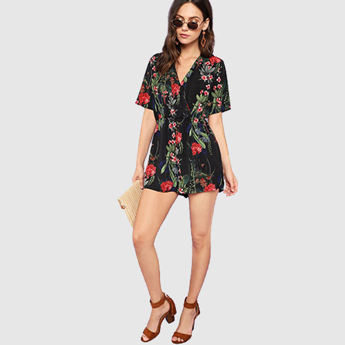 Botanical Print Surplice Wrap Romper Casual Pants