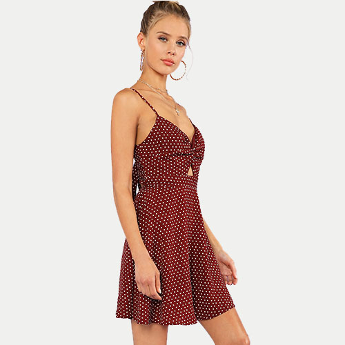 2018 New Polka Dot Twist Front Knot Back Cami Dress